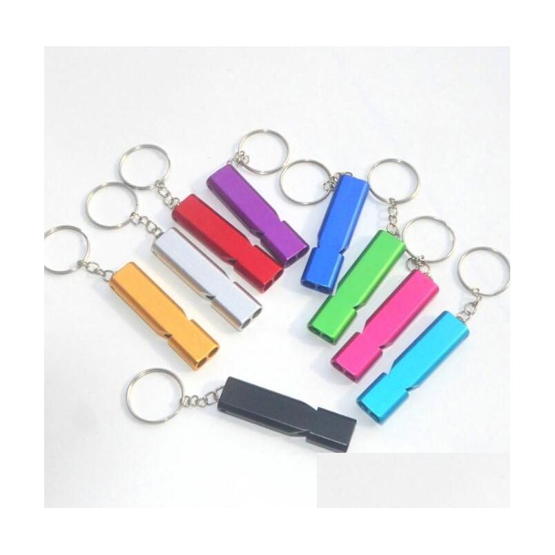 

Keychains Lanyards Outdoor Survival Whistle Aluminum Alloy Metal Whistles Double Pipe High Frequency Wilderness Equipment Travel T Dhp6Z