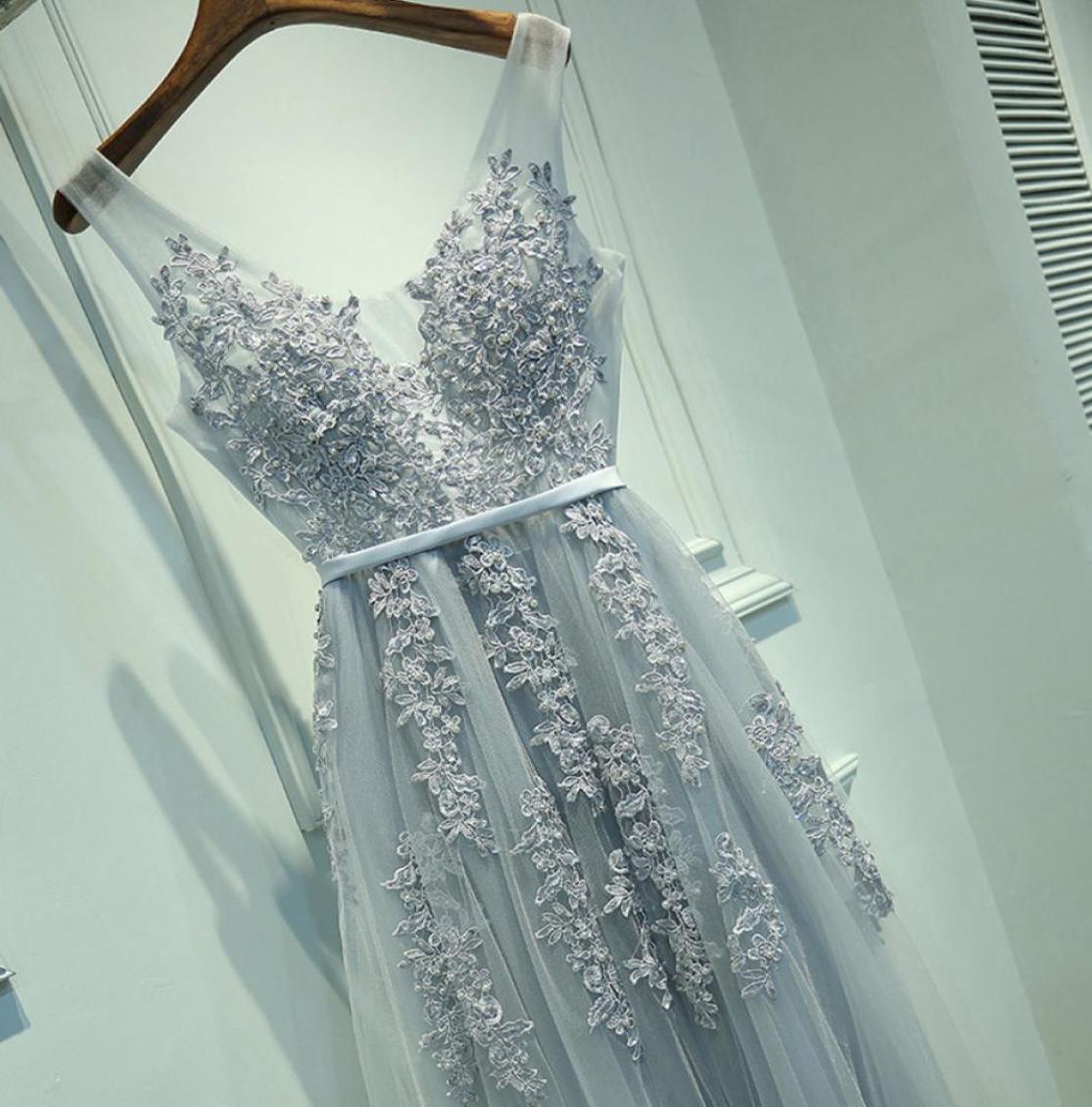 

Sexy Vneck Evening Dress Robe De Soiree High Quality Grey Tulle With Applique Evening Dresses Real Po Vestido De Festa5602689, Silver