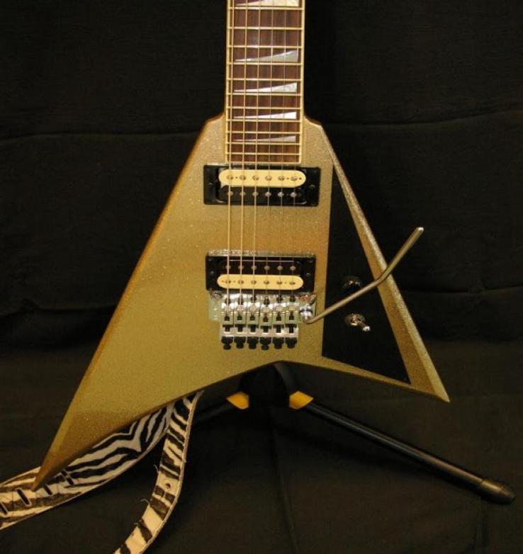 

Jack First Five 30th Anniversary Randy Rhoads Gold Metal Flake Sparkle Flying V Electric Guitar Reverse Shark Fin Inlays Floyd Ro9528251