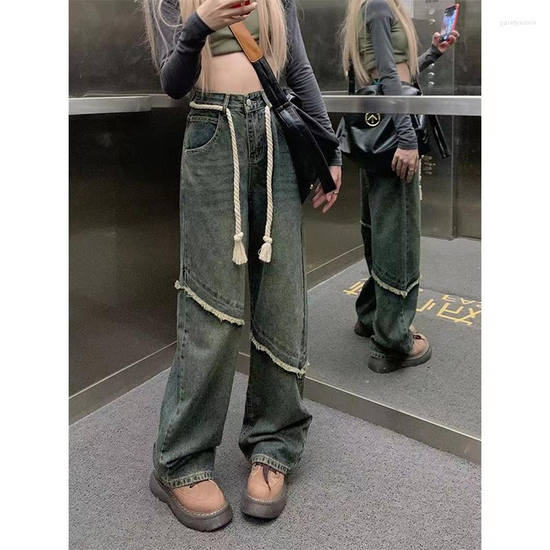 

Women' Jeans Retro Streetwear Loose Straight Pants High Waist Baggy Women Pocket Wide Leg Denim Trousers Girl Clothing, Vintage blue