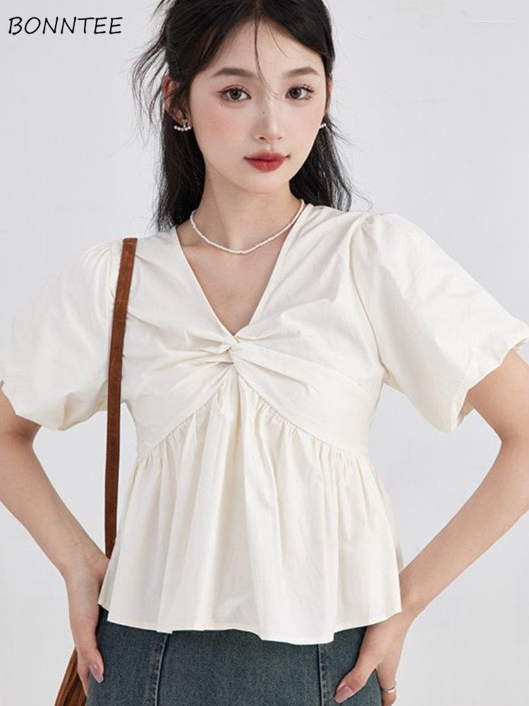 

Women' Blouses Women Simple Casual Folds Elegant Streetwear Office Ulzzang Solid V-neck Summer Leisure Puff Sleeve Design, Apricot