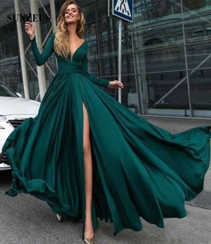 

2018 New Green Sexy Vneck Aline Prom Dresses Long Sleeves Jersey Evening Gowns Elegant Party Gowns Side Slit Plus Size Custom Ma9416295, Dark navy