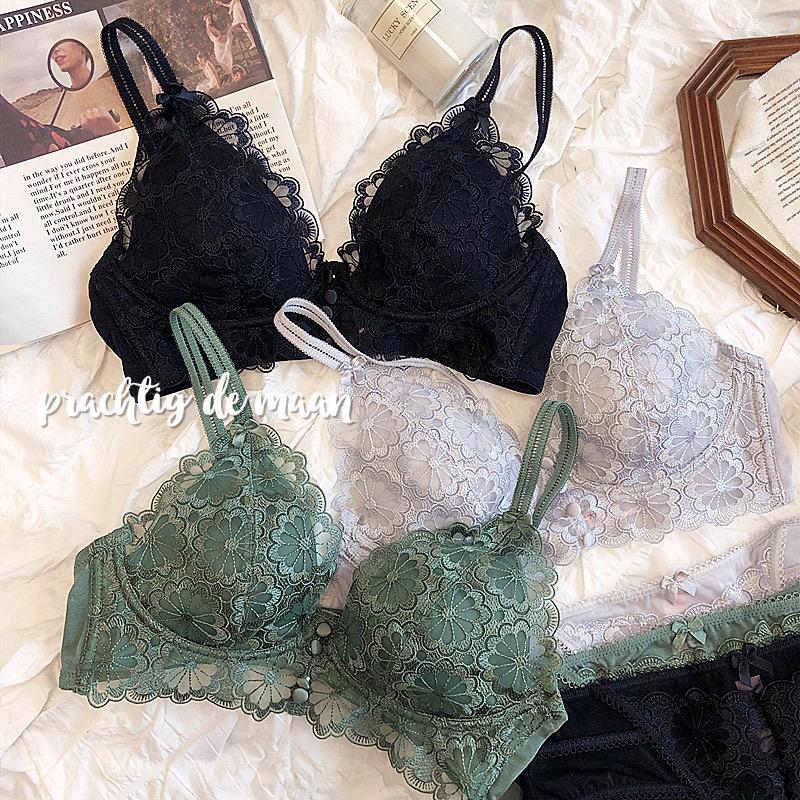 

Bras Sets Cup Triangle Thin Cotton Bra And Panty Set Comfortable Push Up Full Floral Lace Underwear Lingerie Girls Green Wire Free, Black