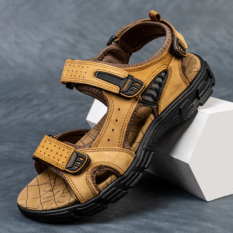 

Sandals Genuine Leather Men's Summer Outdoor Nonslip Hiking Trekking Shoes for Men Beach Slippers Casual Mens 230628, Golden yellow