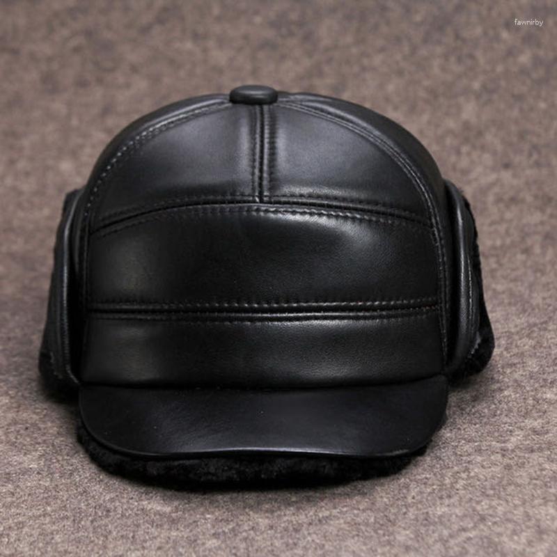 

Berets Winter Outdoor Men Women Real Leather The Bomber Hat Thicken Genuine Sheep Baseball Caps Keep Warm With Ears Hats, Black