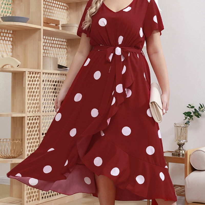 

Plus size Dresses Polka Dot Simple Size Dress Fashion Elastic Waist Print Temperament Skirt Women V Neck Tie Floor Length 4XL 230627, Black
