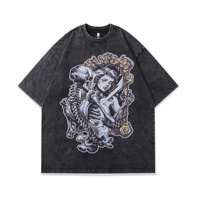 

Hip Hop Portrait Salt Wash Short Sleeve T-shirt for Men Vintage High Street Loose Fried Snowflake Half Sleeve, X024