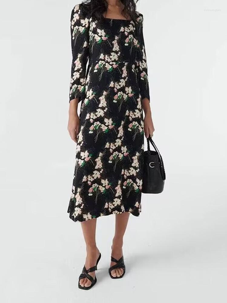 

Casual Dresses 2023 Summer Women 2 Colors Dress Square Collar Floral Print Backless Female Holiday Style Midi Robe, Black