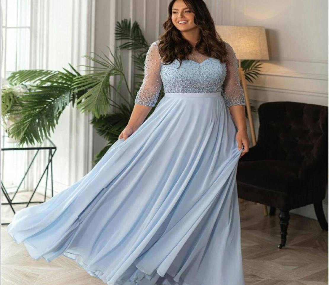

Sky Blue Plus Size Mother Of The Bride Dresses Jewel Neck Chiffon 34 Long Sleeves Wedding Guest Dress Custom Made Formal Gowns8705111