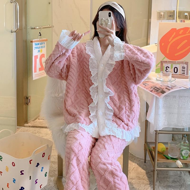 

Women's Sleepwear Women's Pajamas 2 Piece/set Flannel Warm Home Clothes Velvet Pachwork Lace Lingerie Pajama Sets, Beige