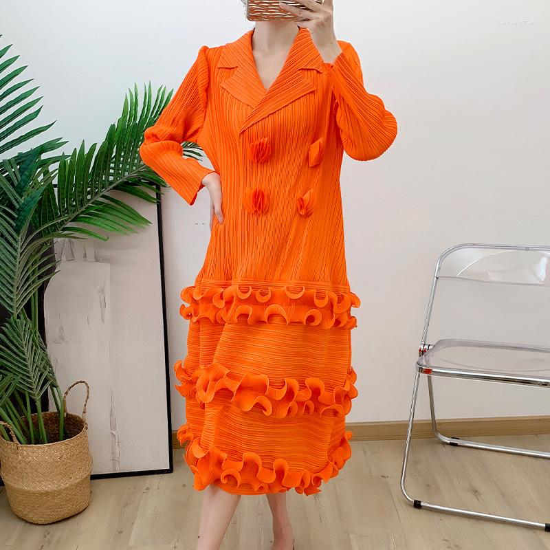 

Casual Dresses Loose Stretch Miyake Pleated Dress Women's Clothing 2023 Spring Summer Notched Collar Appliques Ruffles Mid-Calf Length, Orange