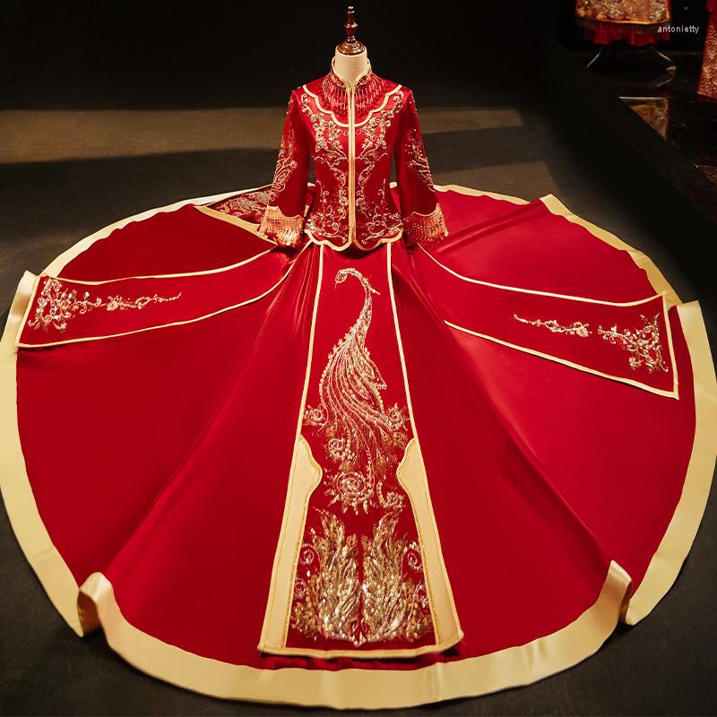 

Ethnic Clothing Burgundy Sequins Beaded Embroidery Tassel Satin Marry Cheongsam Traditional Chinese Bride Groom Wedding Dress Vestito Da
