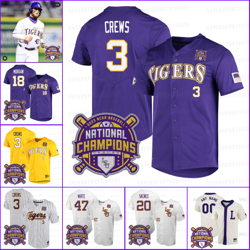 

LSU Tigers 2023 NATIONAL CHAMPIONS Patch 3 Dylan Crews Baseball Jerseys Stitched Custom 47 Tommy White 24 Cade Beloso 18 Tre' Morgan 6 Brayden Jobert 22 Jared Jones, Purple champions patch