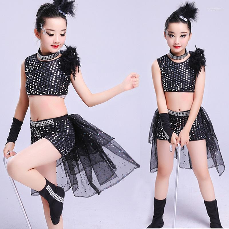 

Stage Wear Girl Jazz Dance For Girls Costumes Kids Hip Hop Dancing Child Sequins Performance Black