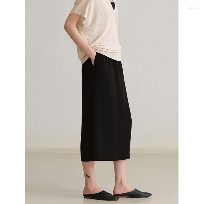 

Skirts 2023 Spring And Summer Skirt Acetate Elastic Slit A-line Casual Mid-length Women, Black