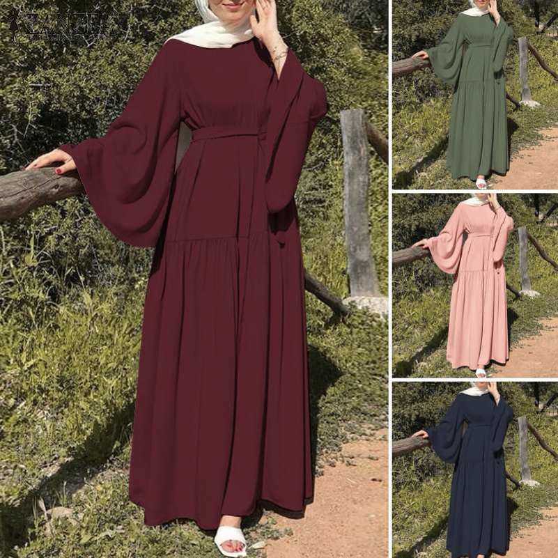 

Fashion O neck long sleeve Muslim women spring solid color dress elegant casual Kaftan holiday gown, Green