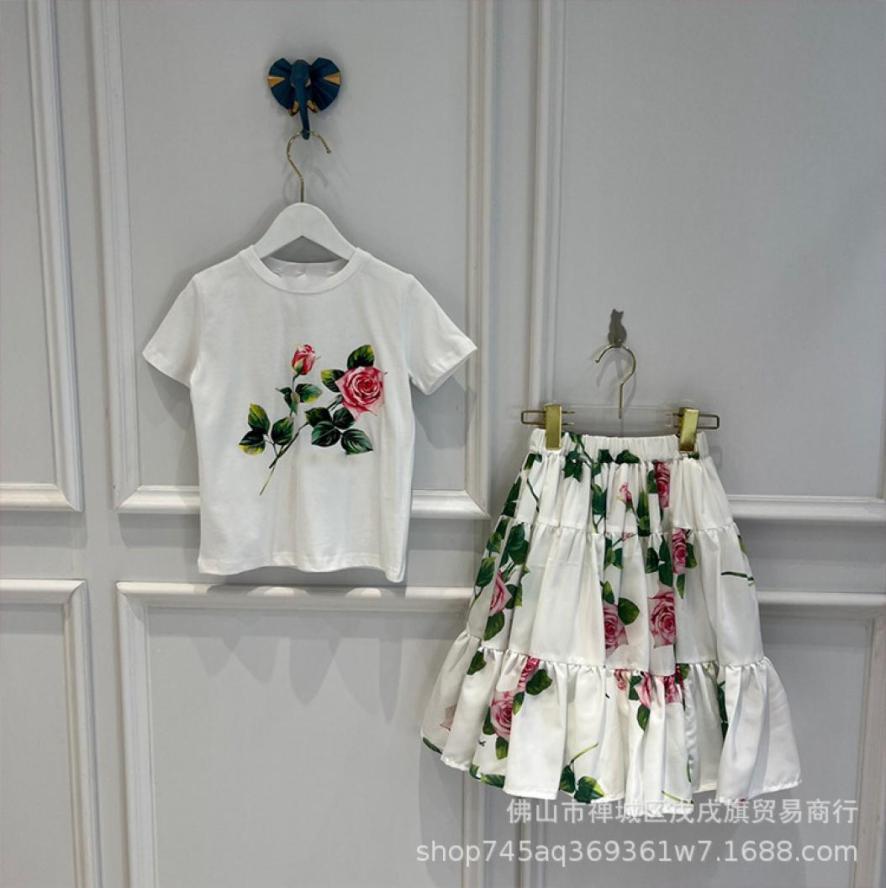 

children039s Girls Summer lovely flower print round neck short sleeve top leisure comfortable short skirt twopiece set4599496, Red