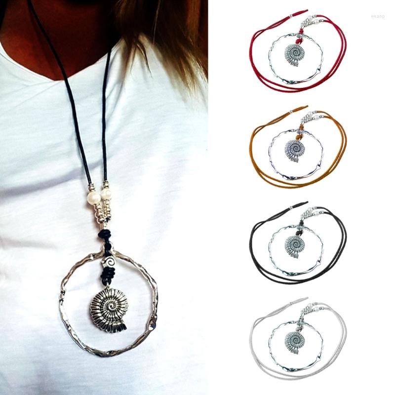 

Pendant Necklaces Big Silver Color Large Hollow Circle Conch Long Leather Necklace Women Statement Ethnic Jewelry Lariat