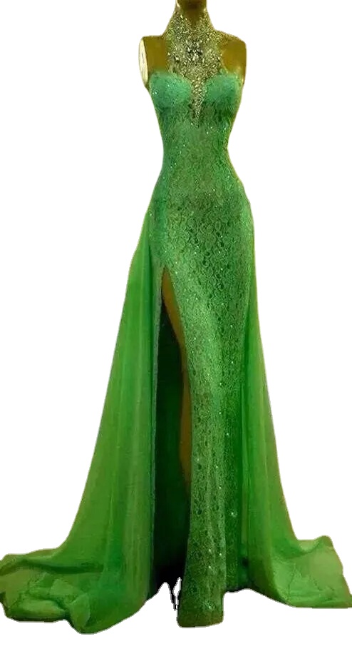 

Emerald Green Split Evening Dresses Mermaid Beaded High Collar Crystal Lace Arabic Prom Gowns Floor Length Rhinestones Dubai Evening Dress, Blue