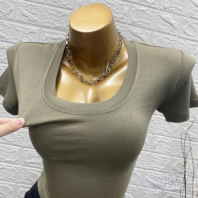

Women' T Shirts Sexy Solid Slim Elastic Women T-Shirts Summer 2023 O-Neck Short Sleeved Elegant Female Pulls Tops Tees, Green