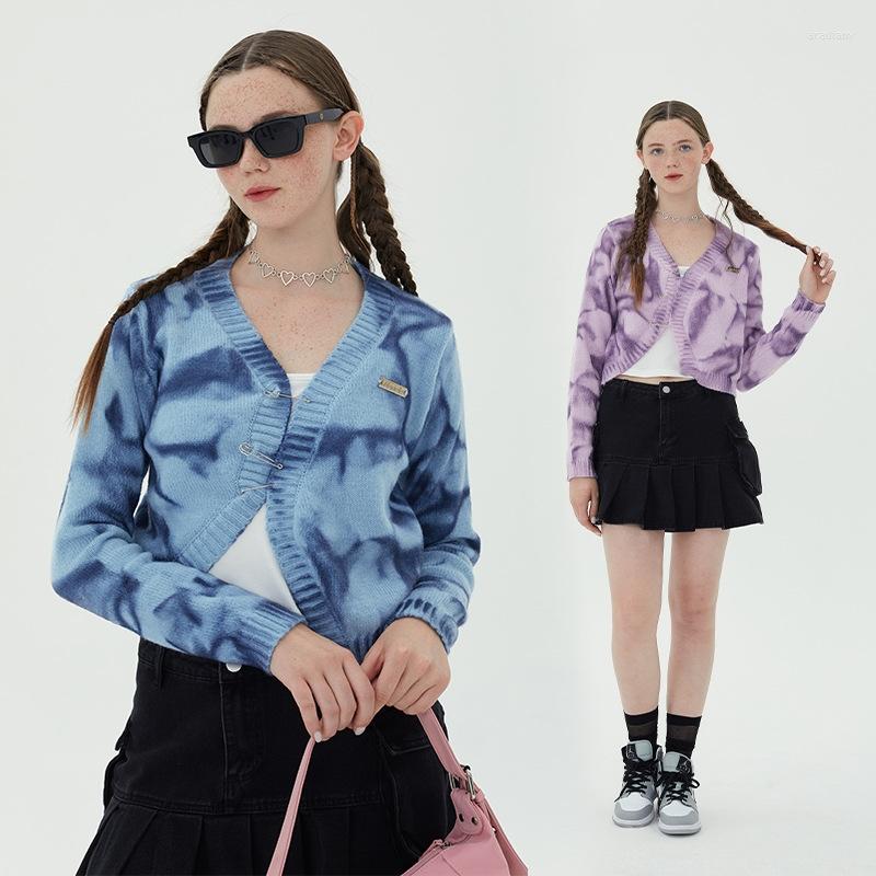 

Women' Knits Trendy Women' Clothing Spring And Autumn V-neck Long Sleeved Cardigan Girls Fashion Retro Tie Dye Knitwear Short Sweater, Gray
