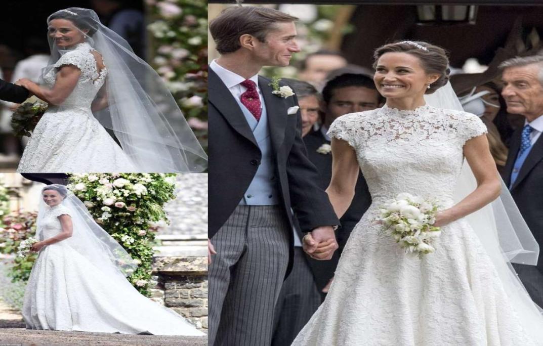 

pippa middleton in lace wedding dresses high neck aline backless pearls wedding dress with cap sleeves chapel bridal gowns4995922, Silver