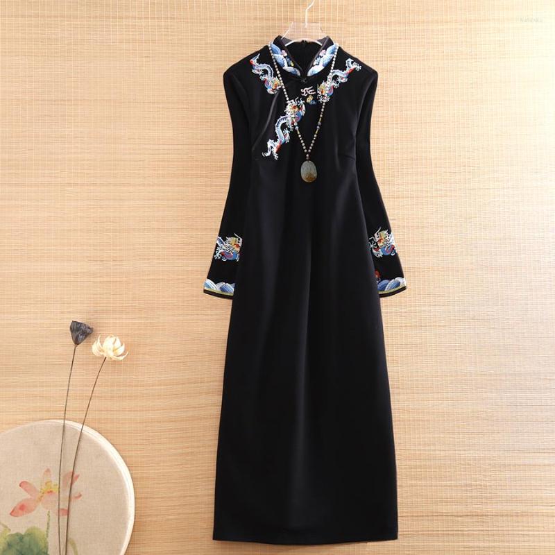 

Ethnic Clothing High-end Spring Autumn Women Vintage Knitting Midi Dresses Embroidery Dragon Slim Elegant Lady Black Party Dress S-XXL