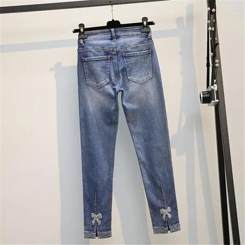 

Women's Jeans Stretch Women Heavy Industry Diamonds Straight Spring Autumn Elastic High Waist Denim Pants Ladies Korean Trousers, 966 blue