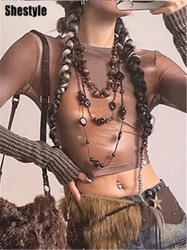 

Women' T Shirts Shestyle Patchwork Mesh Fabric Transparent T-Shirt Women Round-Neck Long Sleeve Brown Gradient Crop Tops 2023 Cowgirl Tide