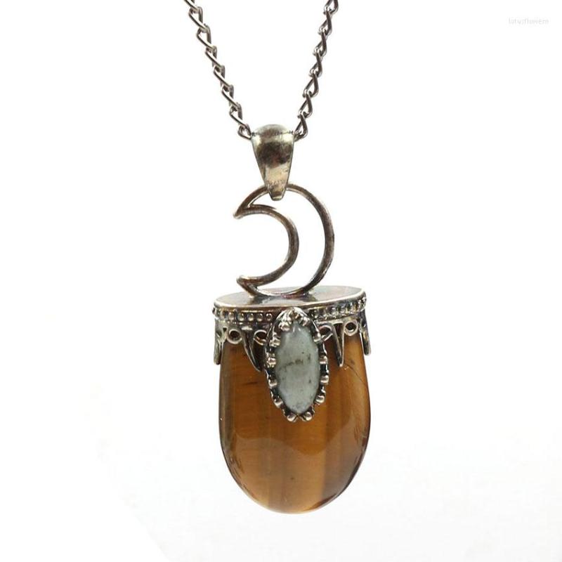 

Pendant Necklaces Antique Silver Plated Crescent Moon Oval Shape Tiger Eye Stone Necklace Marquise Labradorite Jewelry