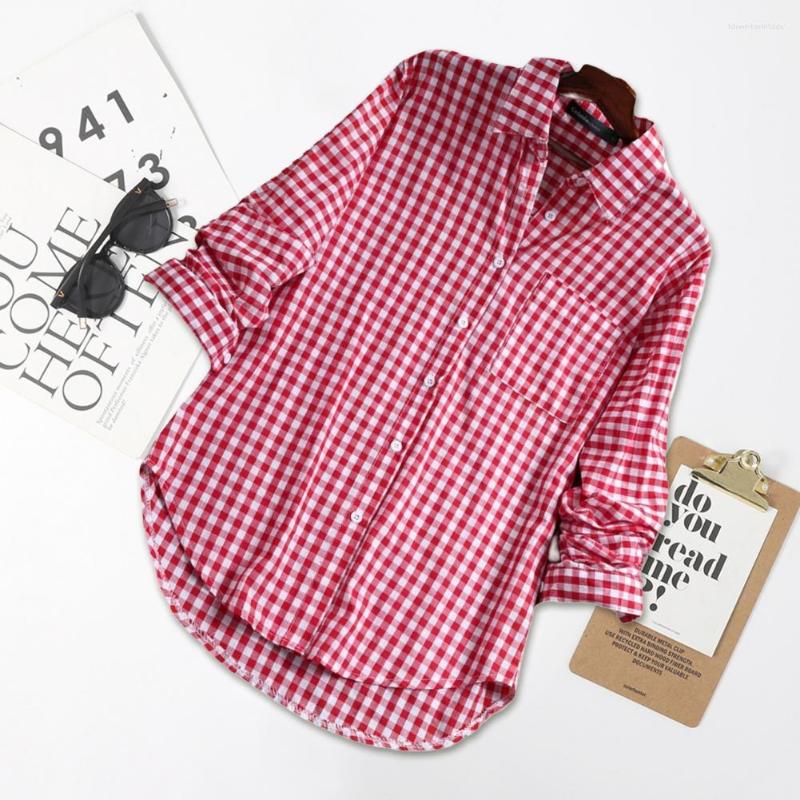 

Women's Blouses Women Spring Shirt Plaid Print Long Sleeves Lady Summer Top Mid Length Single-breasted Fall Turn-down Collar, Blue