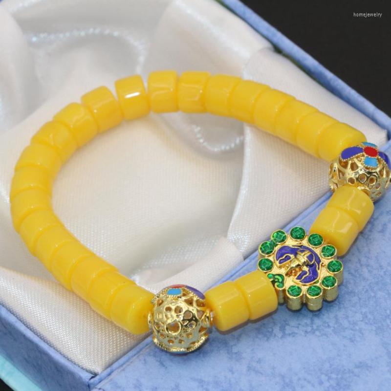 

Strand Vintage Style Gold-color Cloisonne Bracelet 6 8mm Yellow Resin Beeswax Abacus Beads Buddhism Bangle Jewelry 7.5inch B2719