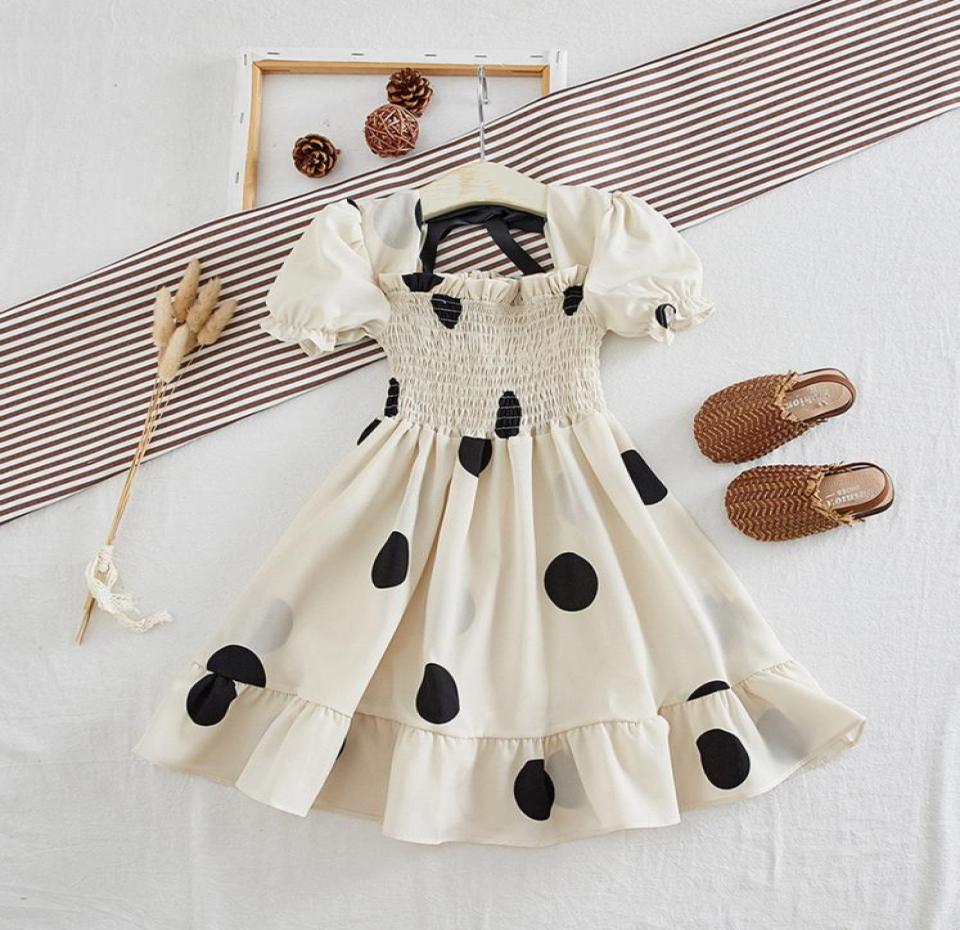 

Summer Fashion Princess Dress Short Sleeve Ruched Dot Print Aline Elegant Dress For Girls Princess Dress8512078, Pink