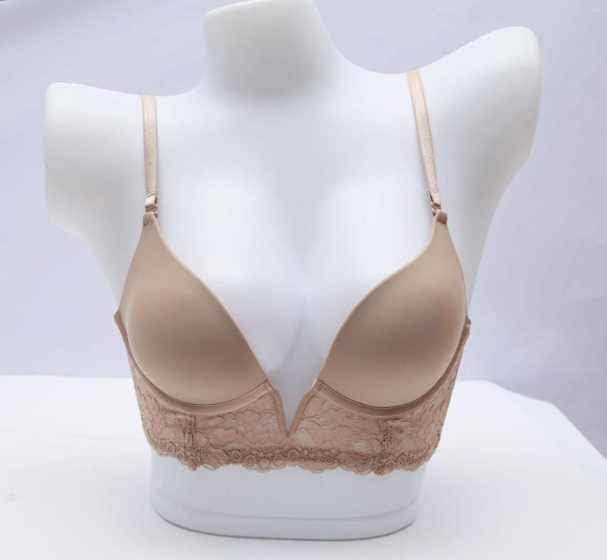 

Bras Sexy Deep V Big Open Back Seamless Women's Bra Solid Color Smooth Lace Super Steel Ring High-quality Plain Female, Khaki