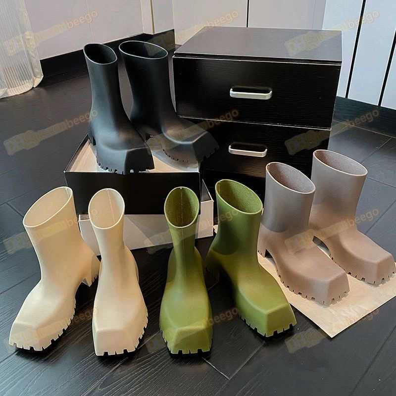 

rubber Trooper Designer boots Paris square toes rain boot Chunky design women Coarse tooth outsole Wear-resistant waterproof 5mm arch matte, #5