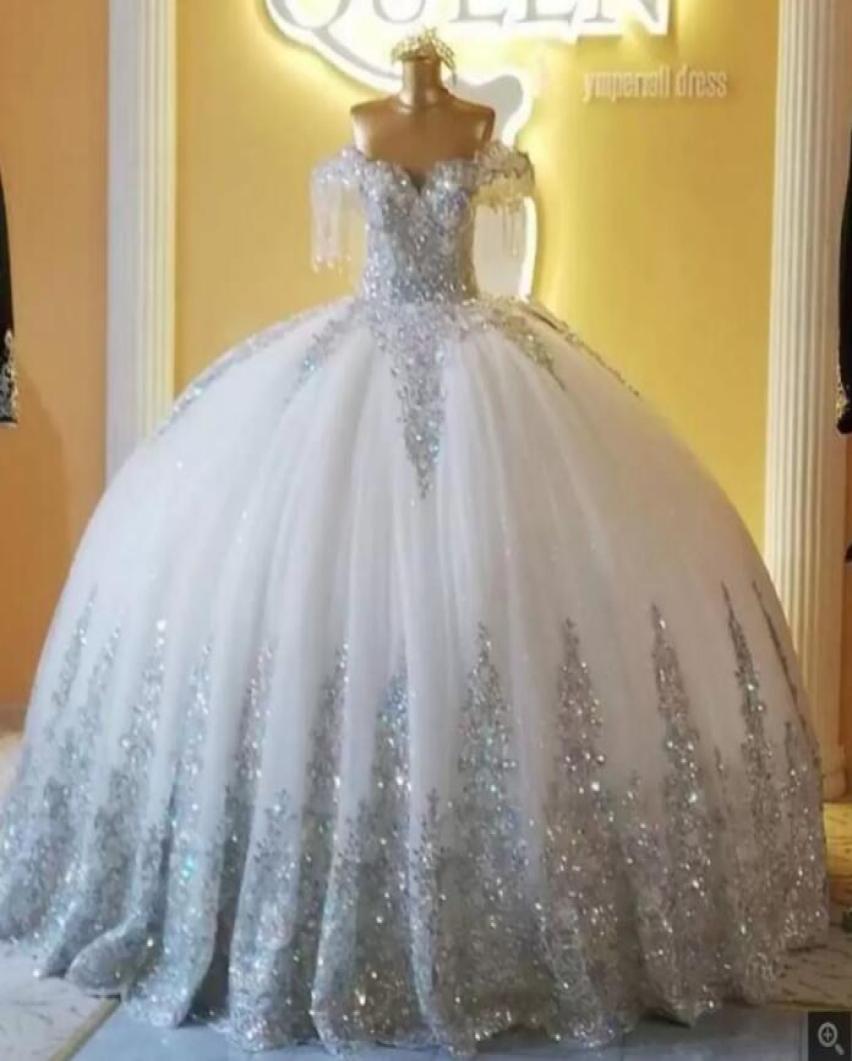 

2022 Silver Sparkly Ball Gown Wedding Dresses Off Shoulder Lace Tulle Applique Brides Gown Long Robe de Mariage B0701x047582390, White