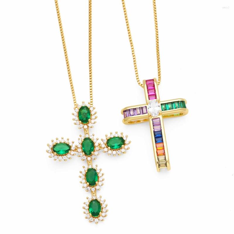 

Pendant Necklaces Big Multicolor Crystal Cross For Women Copper Gold Plated Box Chain Rainbow Jewelry Gifts Nken44