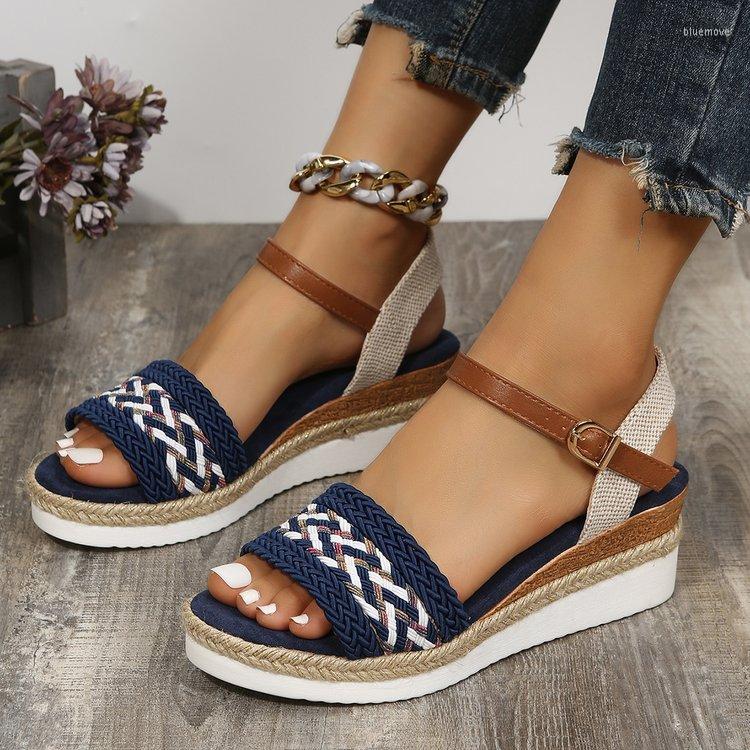 

Sandals Summer Fashion Buckle Peep Toe Women Wedges Comfort Lightweight High Heels Wear-resistant Office Wedding, Beige-951