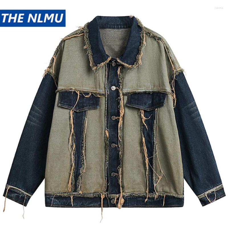 

Men's Jackets Patchwork Vitnage Denim Jacket Men's Streetwear Harajuku Hip Hop Blue Jeans Loose Casual Y2K Coat Outwear