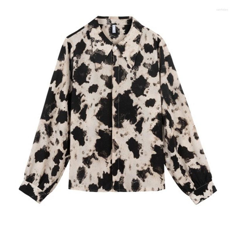 

Women' Blouses Tie Dye Cow Print Chiffon Women Shirt Design Sense 2023 Hong Kong Flavor Loose Outside Wear Long-sleeved Fashion Tops, Cow stripe
