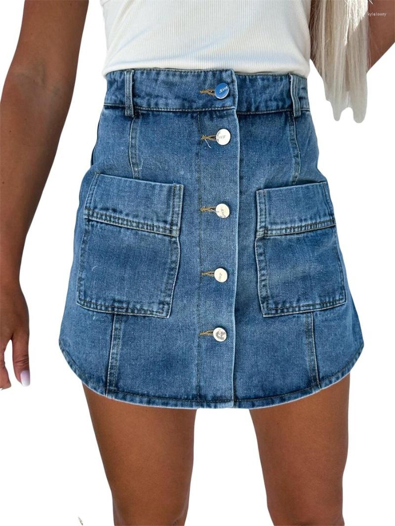 

Skirts Women' Mini Denim Sexy Vintage Spandex High Waist Front Pocket Button Down Slim Fit Jean Skorts Streetwear, Light blue