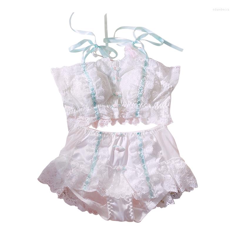 

Bras Sets Retro Lace Flower Decoration Bra Brief Set Women Lolita Girl Sexy Lace-up Cute Panties Kawaii Lingerie Underwear, Green white set