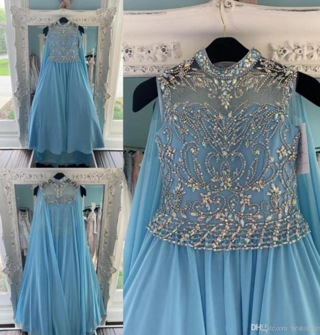 

2023 Sheer Blue Chiffon Pageant Dresses for Teens with Wrap Bling Rhinestones Long Gowns for Little Girls Zipper Back Formal Party7868913, White