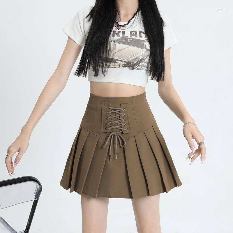 

Skirts Streetwear Skirt Women Harajuku Y2k E-girl High Waist Bandage Mini Punk Pleated, Black