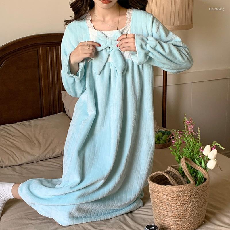 

Women's Sleepwear -4XL Sweet Princess Nightgowns Women Loose Flannel Soft Winter Warm Nightdress Lovely Korean Homewear O-Neck Home Clothes, Color3