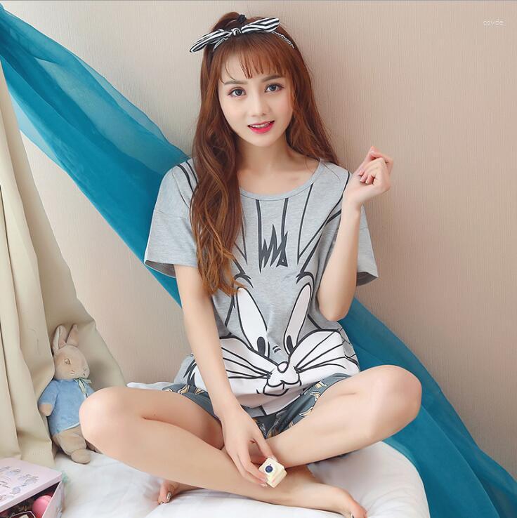 

Women's Sleepwear Summer Nightwear Suit Short Pants Sleeve Tops Cotton Cartoon Pajamas Sets Women Two Pieces Set Plus Size -XXL, Gray