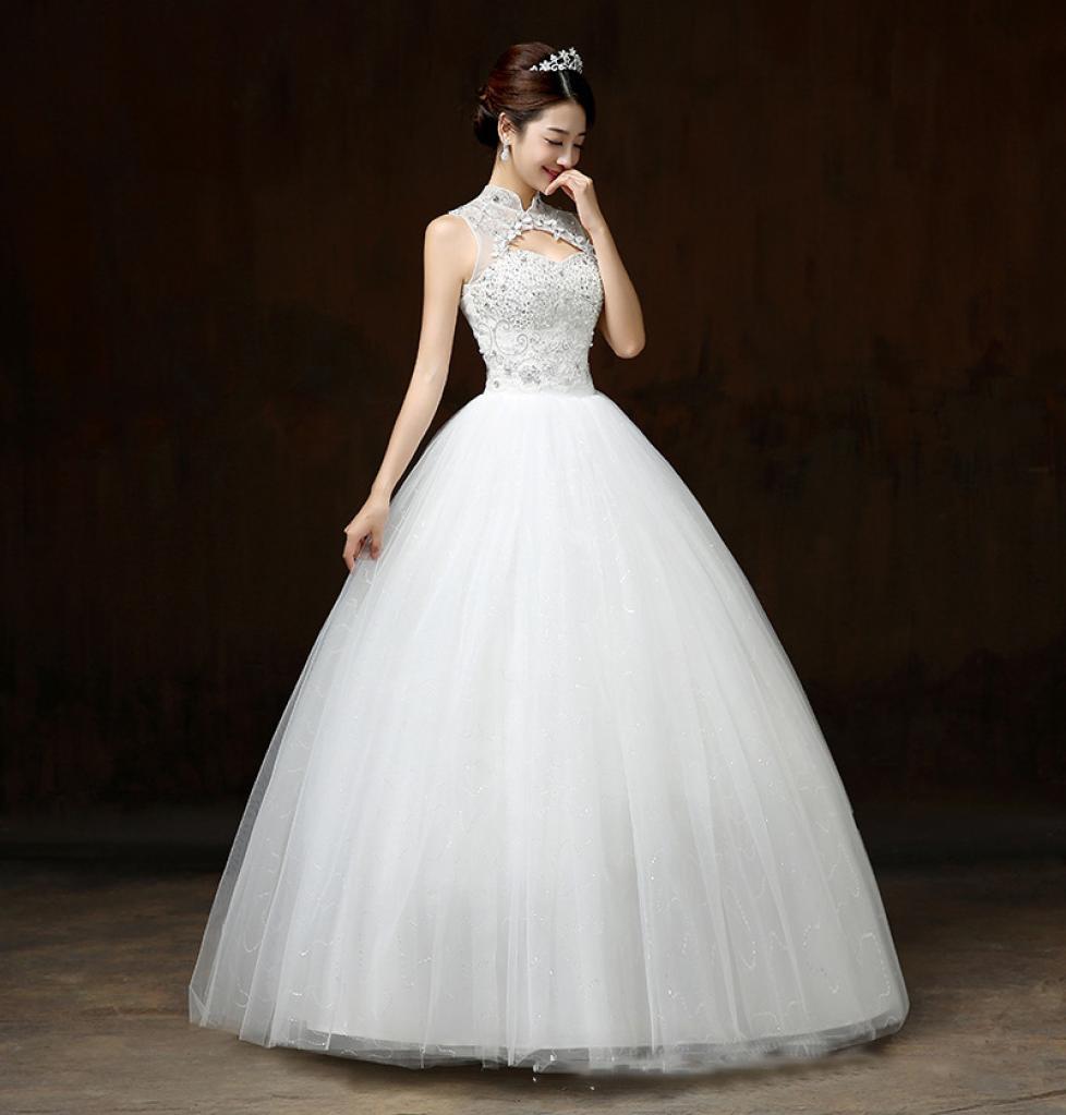 

Ball Gown Wedding Dresses Appliques Sleeveless High Neck Lace Up Beaded Bride Gowns Elegant Lace Wedding Dresses Robes De Mariee5421297, White