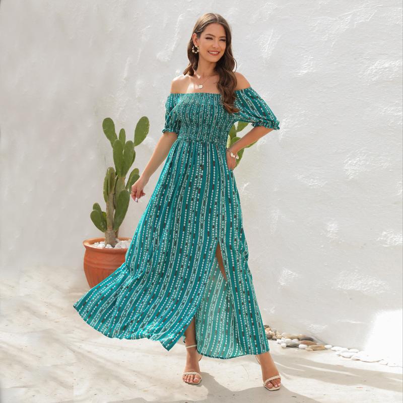 

Casual Dresses Summer One Shoulder Maxi Women Short Sleeve Split Boho Prinrd Sundress Holiday Style Elegant Long Dress Female Clothing, Red