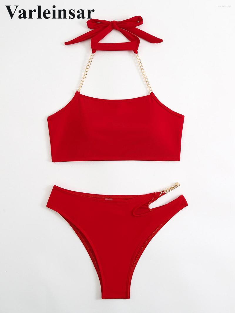 

Women's Swimwear Sexy Cut Out Metal Chain Halter Bikini Female Swimsuit Women Two-pieces Set Bather Bathing Suit Swim V4421R, Red