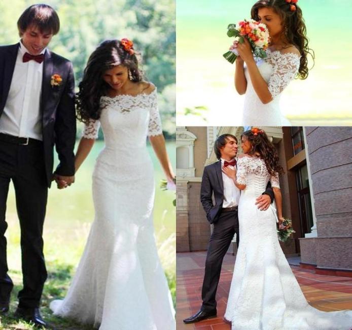 

Vintage Lace Mermaid Wedding Dresses with 12 Half Sleeves Corset Back Sweep Train Off the Shoulder Custom Made Country Wedding Go2824393, Daffodil